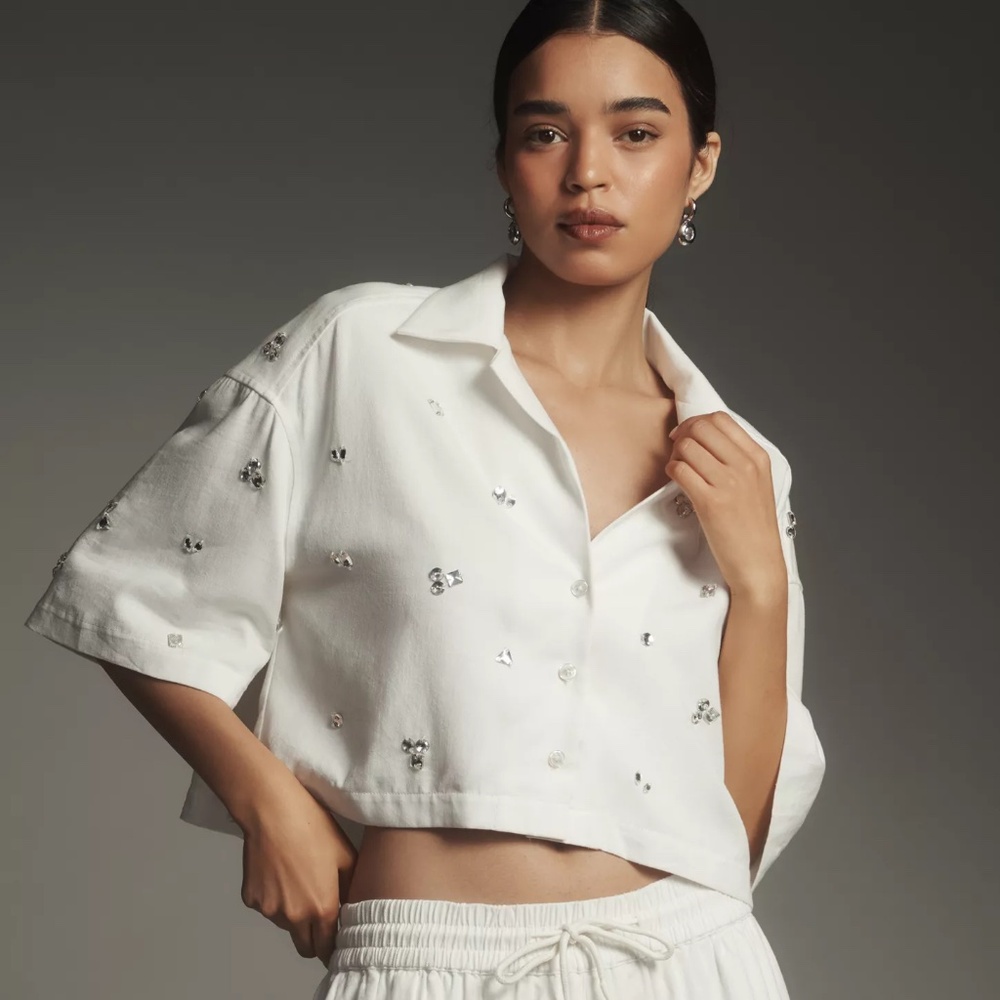 Anthropologie Maeve Crystal-Embellished Buttondown Shirt VERY OVERSIZED FIT nwt